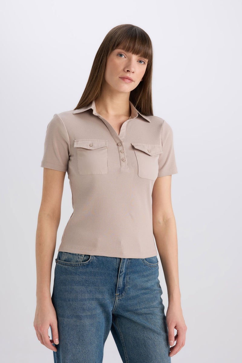 DeFacto Beige Woman Slim Fit Ribbed Camisole Pocketed Polo Shirt Casual - Image 3